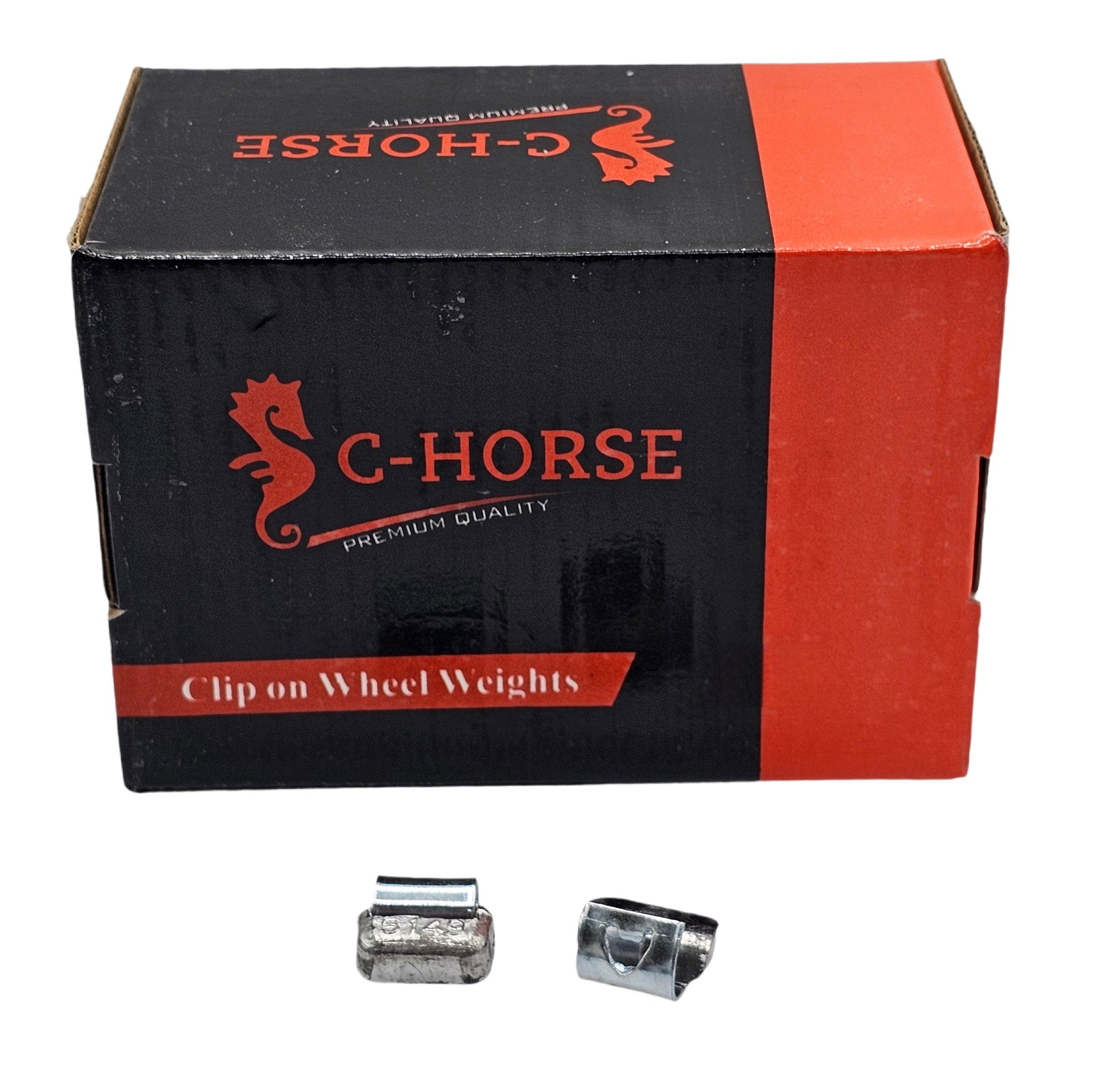 C-Horse clip-on wheel weights packaging with two weights in front