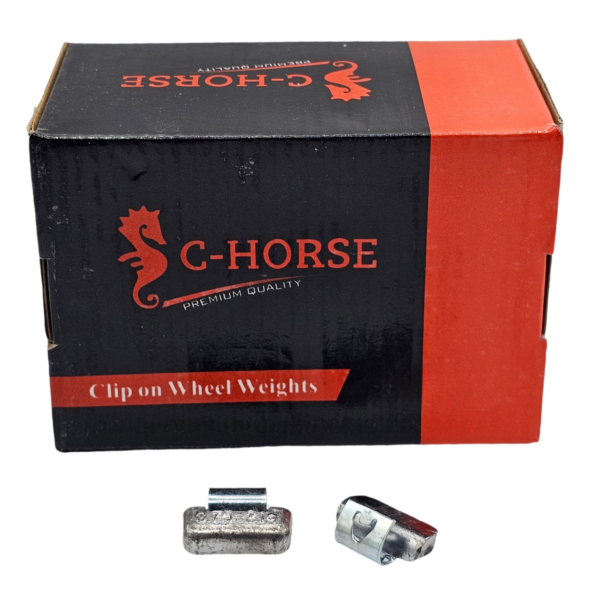 C-Horse clip-on wheel weights packaging with two weights displayed in front.