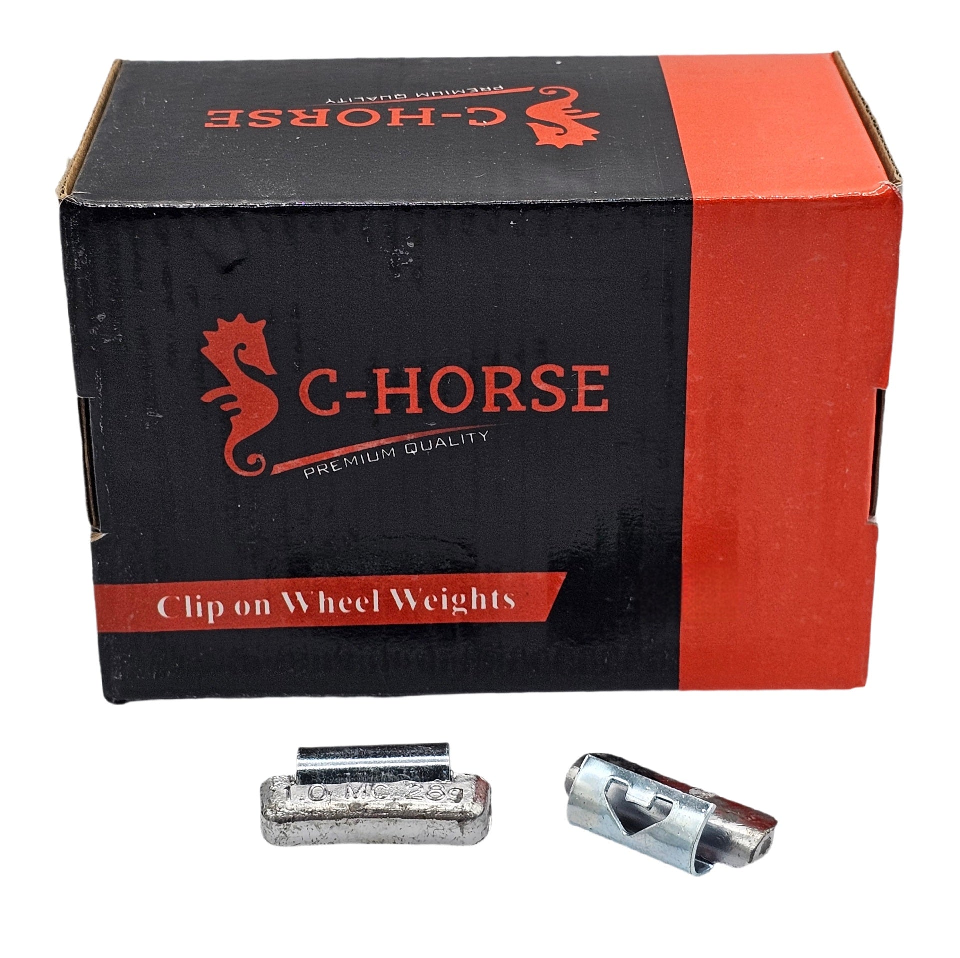 C-Horse clip-on wheel weights packaging with weights displayed below.