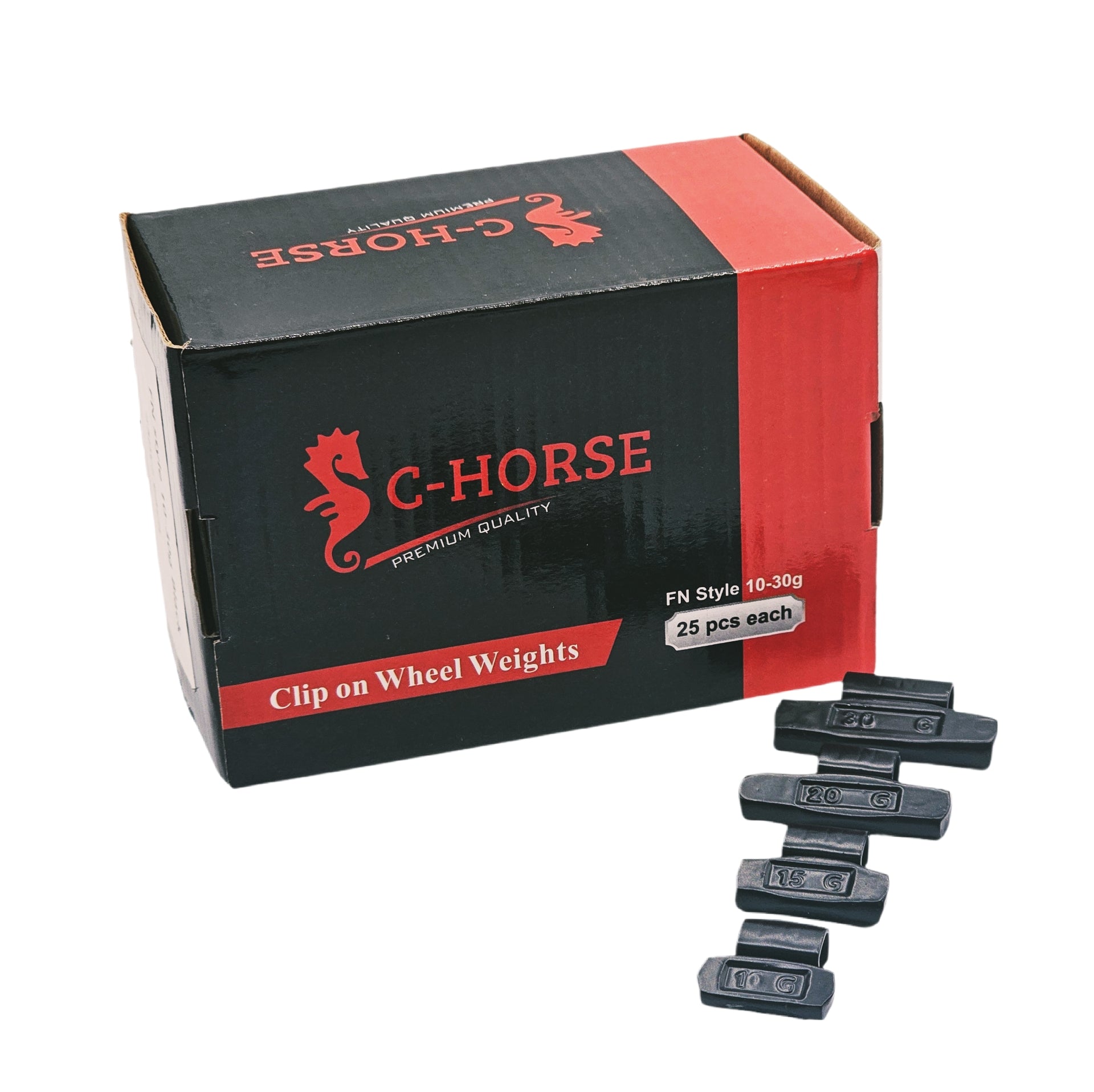 C‑HORSE 100-Piece Assortment Clip-On Wheel Weight Kit – FN Style – Black Coated – 10g, 15g, 20g, 30g (0.25 oz–1.00 oz)