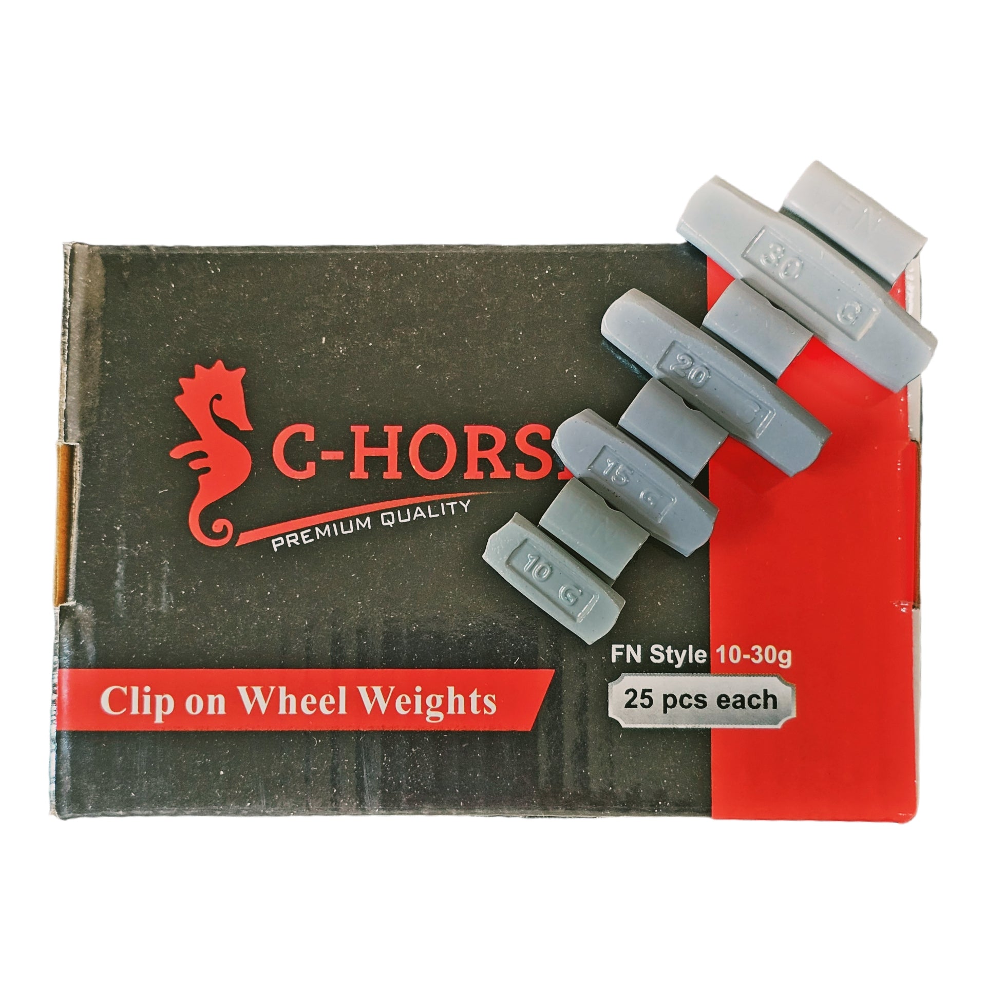 C‑HORSE 100-Piece Assortment Clip-On Wheel Weight Kit – FN Style – Gray Coated – 10g, 15g, 20g, 30g (0.25 oz–1.00 oz)