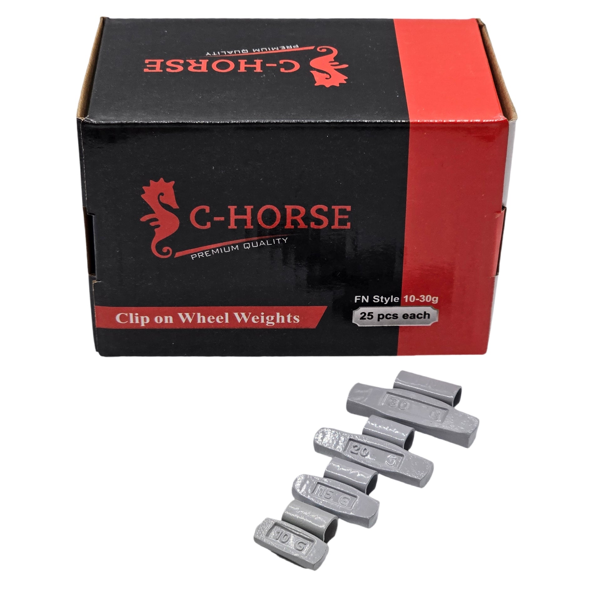 C‑HORSE 100-Piece Assortment Clip-On Wheel Weight Kit – FN Style – Gray Coated – 10g, 15g, 20g, 30g (0.25 oz–1.00 oz)
