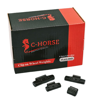 C‑HORSE 100-Piece Assortment Clip-On Wheel Weight Kit – P Style – Black Coated – 0.25 oz, 0.50 oz, 0.75 oz, 1.00 oz