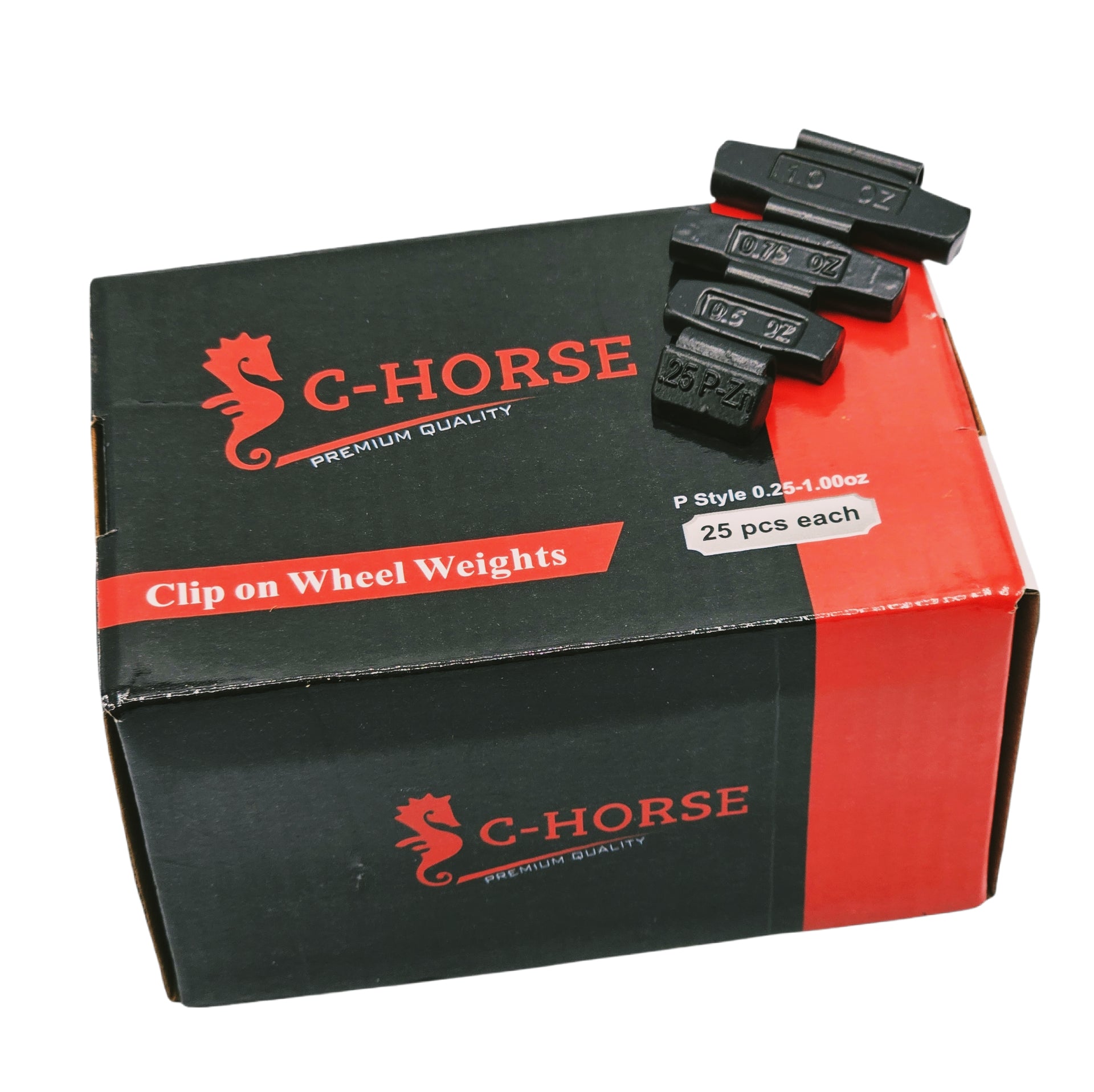 C‑HORSE 100-Piece Assortment Clip-On Wheel Weight Kit – P Style – Black Coated – 0.25 oz, 0.50 oz, 0.75 oz, 1.00 oz