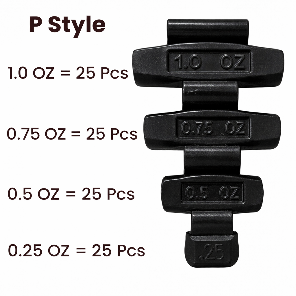 C‑HORSE 100-Piece Assortment Clip-On Wheel Weight Kit – P Style – Black Coated – 0.25 oz, 0.50 oz, 0.75 oz, 1.00 oz