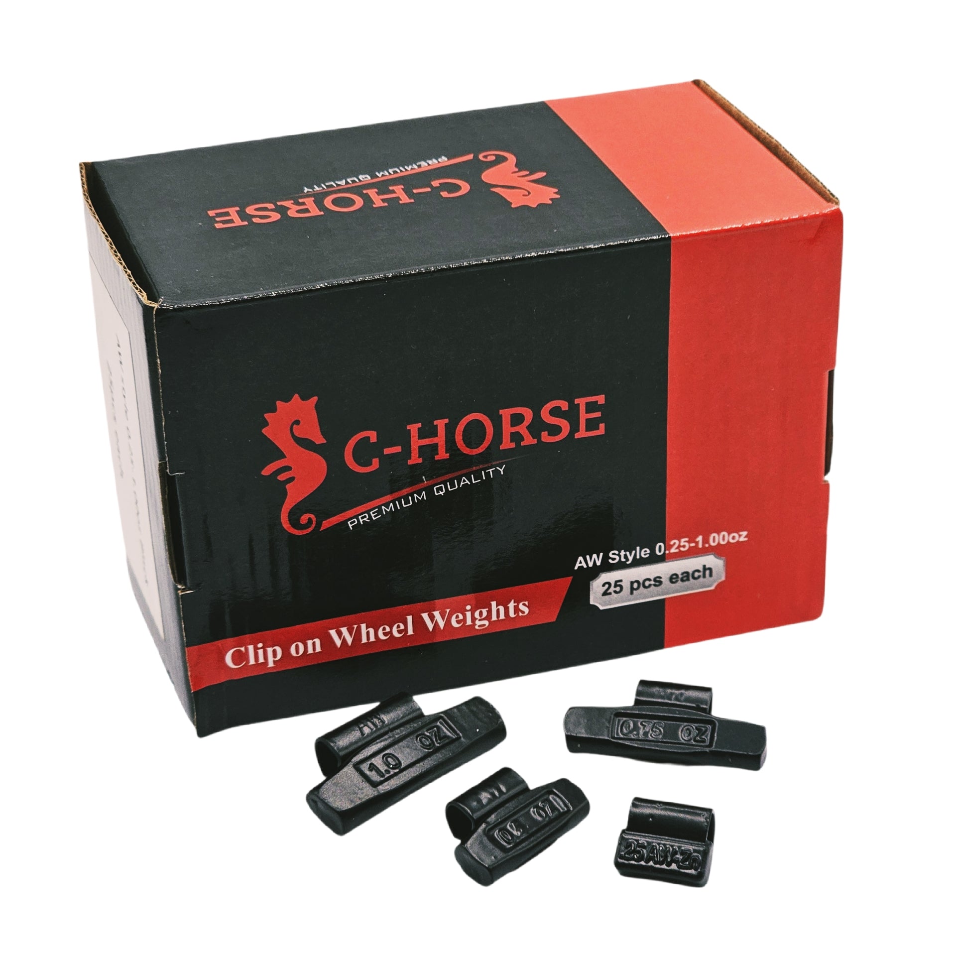 C‑HORSE 100-Piece Assortment Clip-On Wheel Weight Kit – AW Style – Black Coated – 0.25 oz, 0.50 oz, 0.75 oz, 1.00 oz