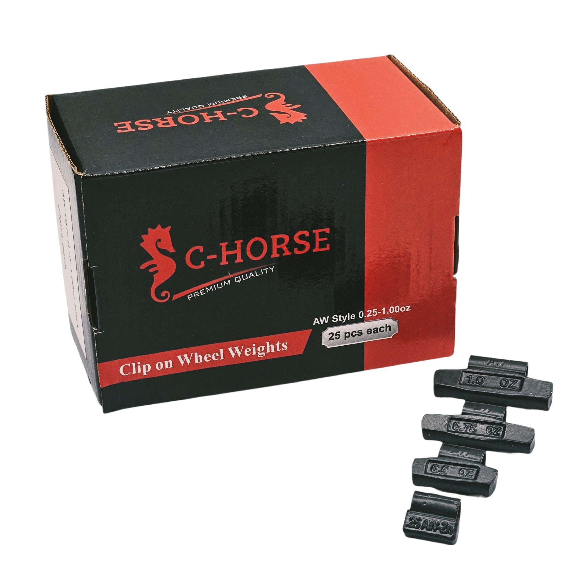 C‑HORSE 100-Piece Assortment Clip-On Wheel Weight Kit – AW Style – Black Coated – 0.25 oz, 0.50 oz, 0.75 oz, 1.00 oz