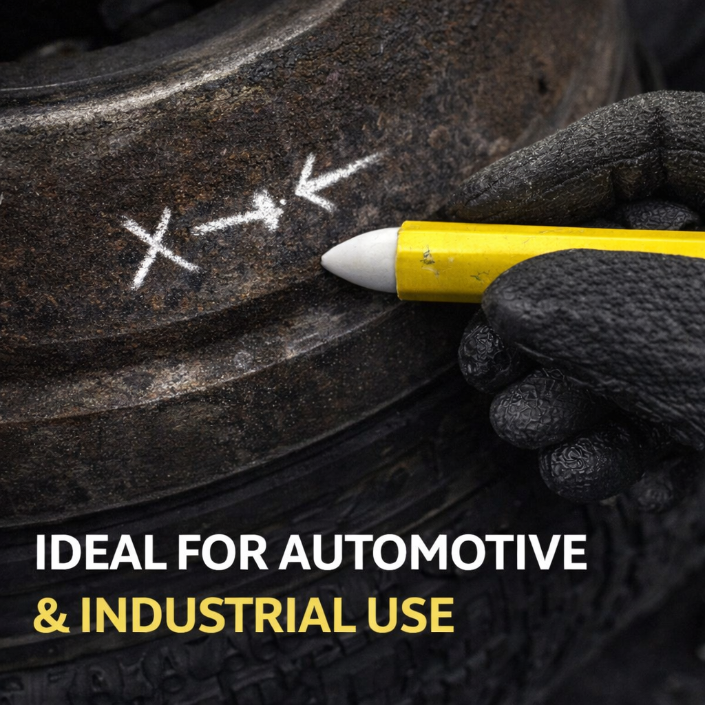 Hand wearing a black glove holding a yellow marker near a tire with text 'IDEAL FOR AUTOMOTIVE & INDUSTRIAL USE'.