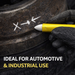 Hand wearing a black glove holding a yellow marker near a tire with text 'IDEAL FOR AUTOMOTIVE & INDUSTRIAL USE'.
