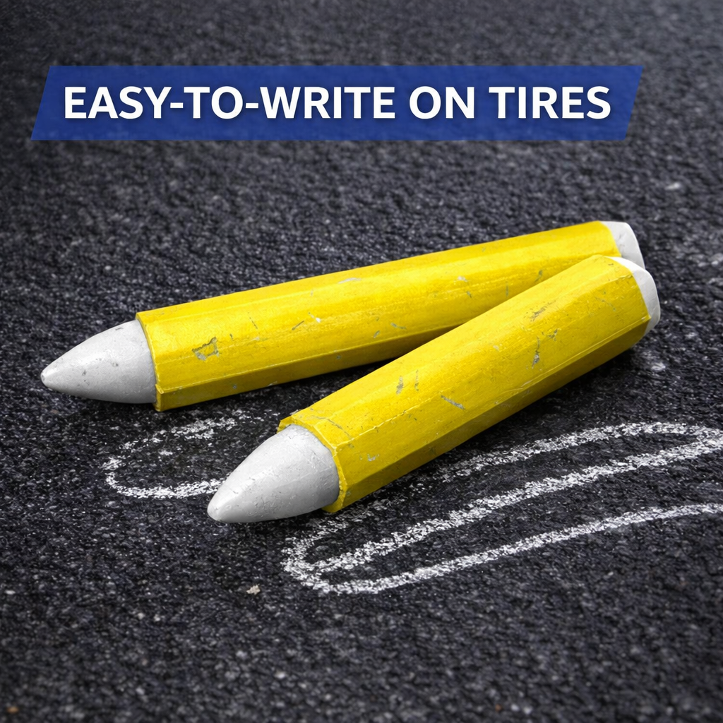 Two yellow chalk-like sticks with white tips on a black surface, labeled 'Easy-to-write on tires'.