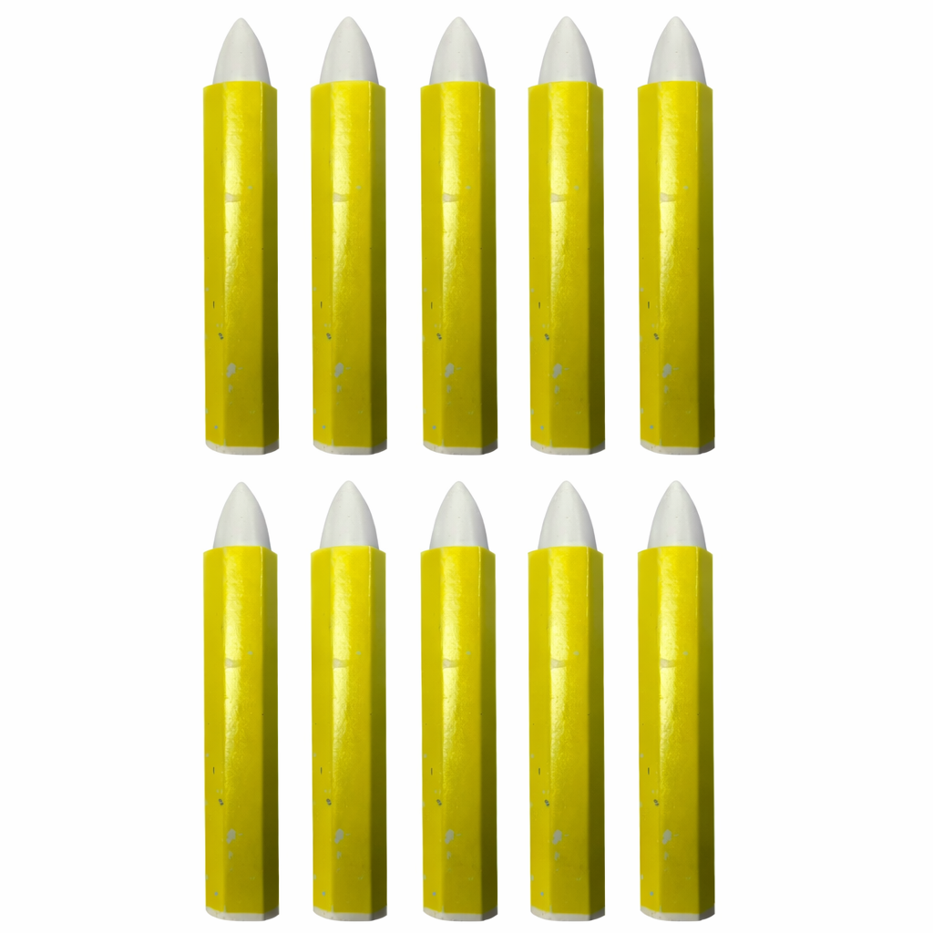 Yellow candles with white wicks arranged in a grid on a white background
