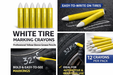 White tire marking crayons with yellow sleeves on a black background, showing their use on tires.