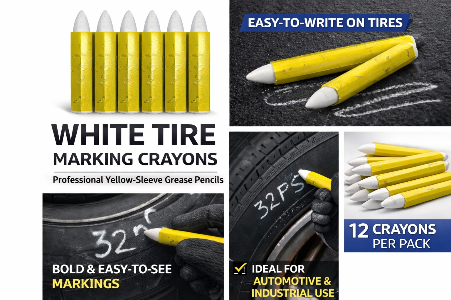 White tire marking crayons with yellow sleeves on a black background, showing their use on tires.
