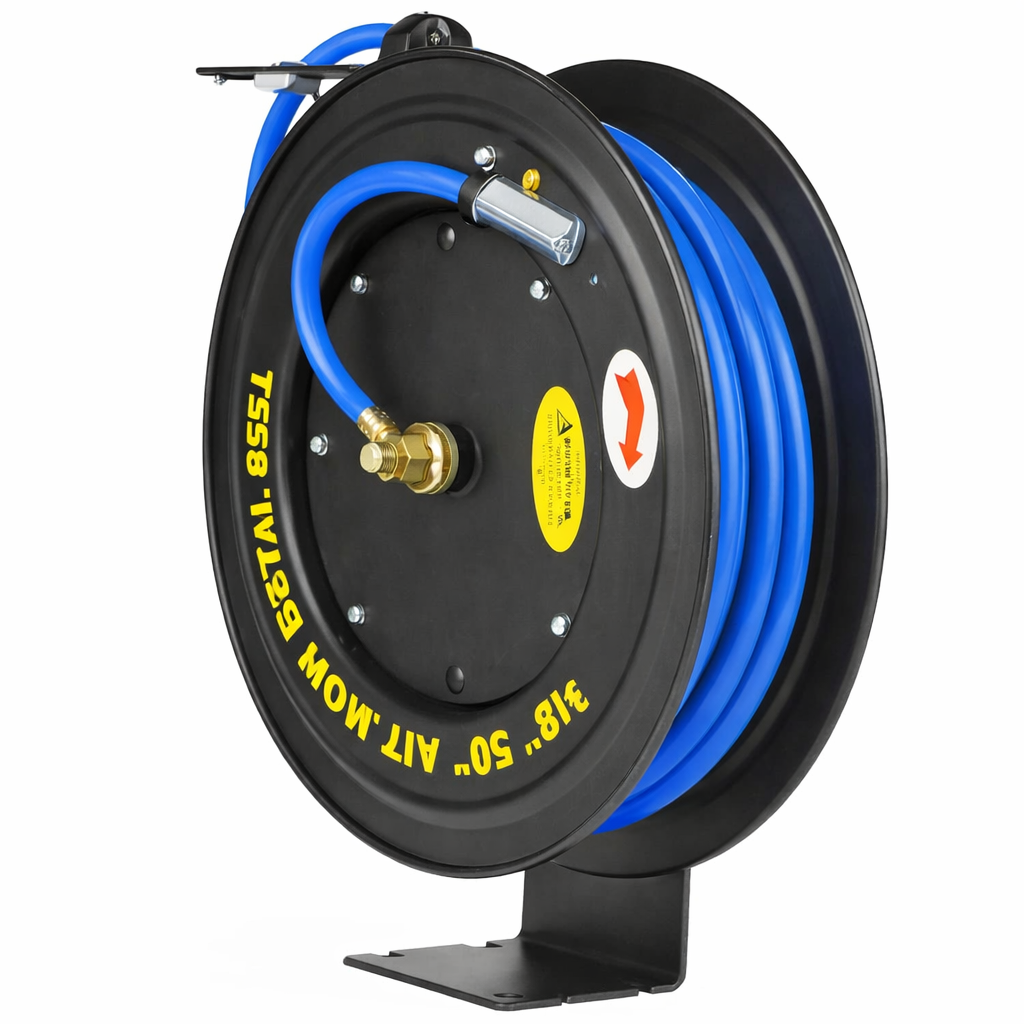 Black hose reel with blue hose on a white background
