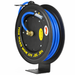 Black hose reel with blue hose on a white background
