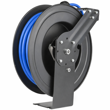 Black metal reel with blue cable on a white background
