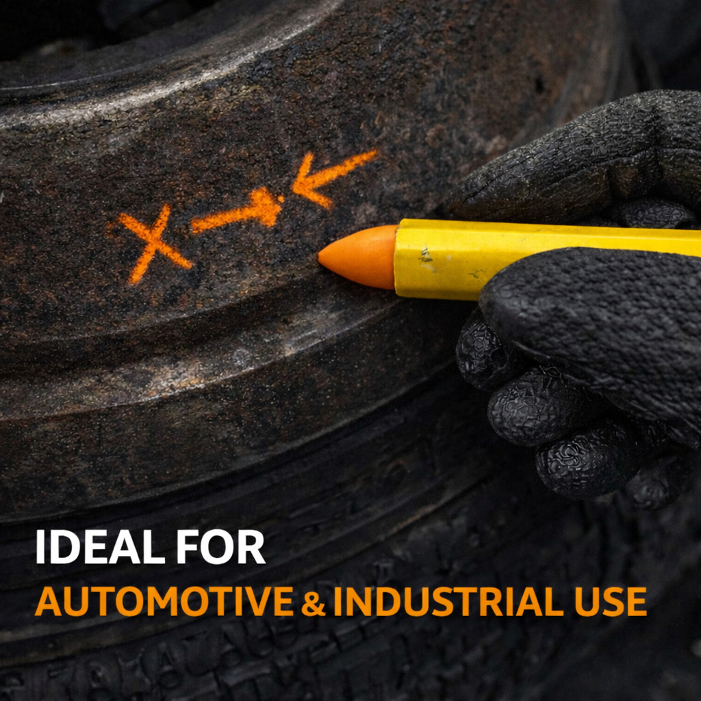 Hand wearing a black glove holding a yellow marker with an orange tip, pointing to a tire with markings. Text 'IDEAL FOR AUTOMOTIVE & INDUSTRIAL USE' is displayed.