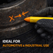 Hand wearing a black glove holding a yellow marker with an orange tip, pointing to a tire with markings. Text 'IDEAL FOR AUTOMOTIVE & INDUSTRIAL USE' is displayed.
