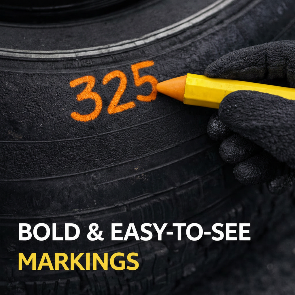 Hand wearing a black glove marking a tire with an orange marker, text 'Bold & Easy-to-See Markings' below.