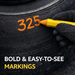 Hand wearing a black glove marking a tire with an orange marker, text 'Bold & Easy-to-See Markings' below.