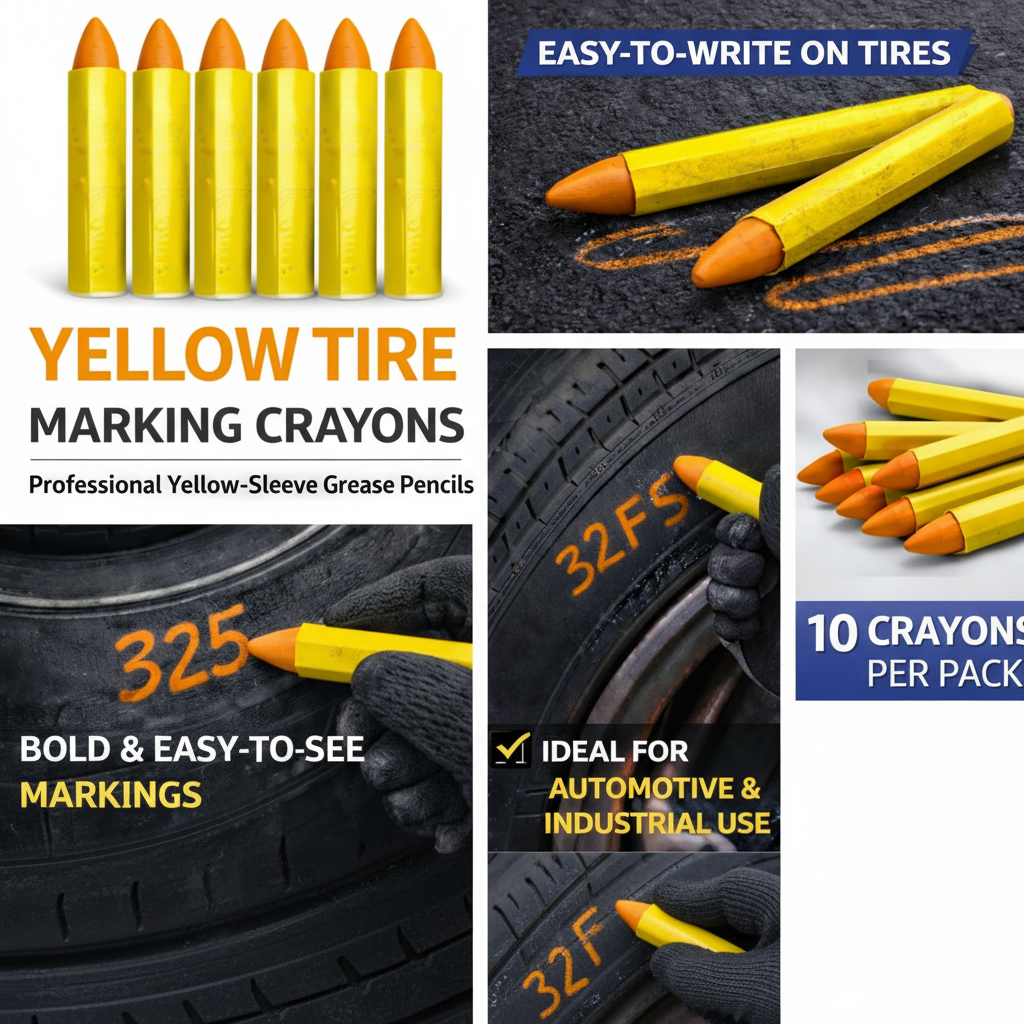 Yellow tire marking crayons with packaging and usage examples on a white background