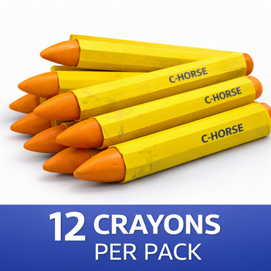Pack of C-Horse crayons with yellow bodies and orange tips on a white background