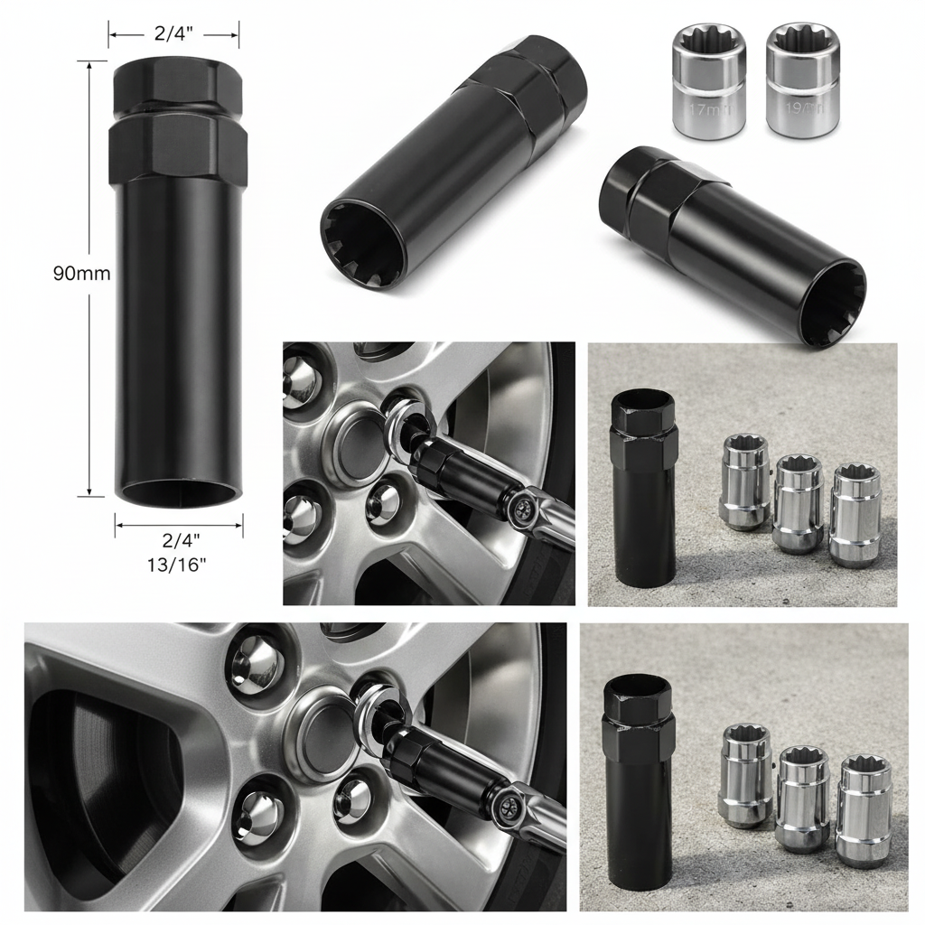 Collage of lug nuts, socket wrenches, and a wheel with tools around it.