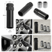 Collage of lug nuts, socket wrenches, and a wheel with tools around it.