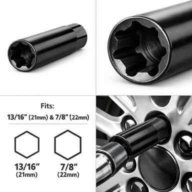 Black hexagonal socket tool with measurements and fitting information on a white background