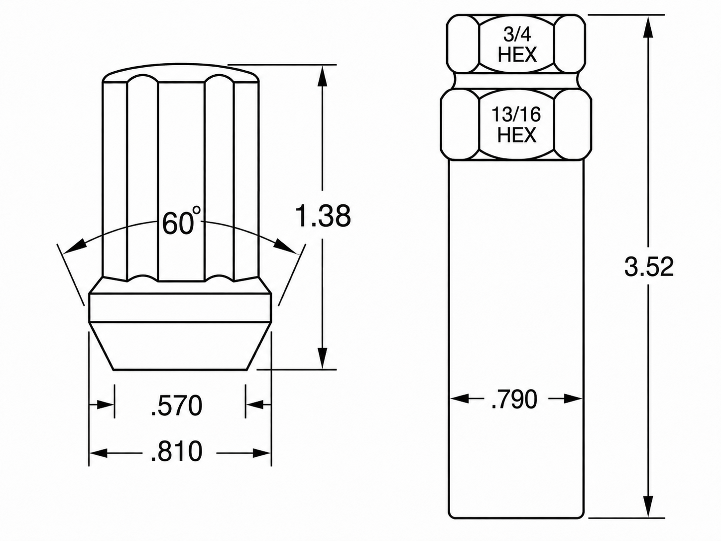 5654DN Chrome Spline Drive Lug Nut – 14x1.5 Thread, 7-Cut Spline, 2.00" Tall, 60° Conical Seat