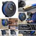 Collage of a blue hose with black reel, featuring auto-rewind, locking mechanism, and heavy-duty metal enclosure.