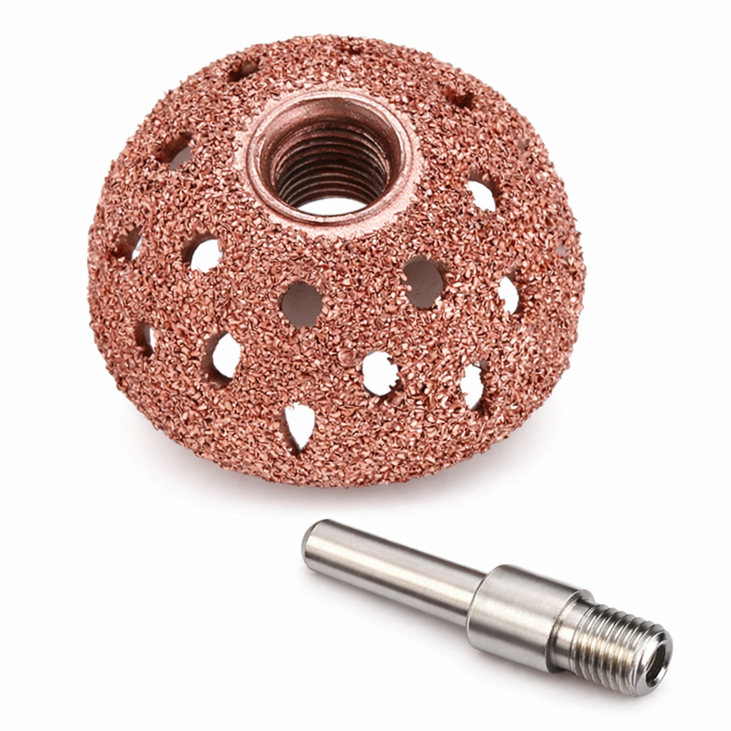 Round abrasive disc with threaded center and a metal mandrel on a white background