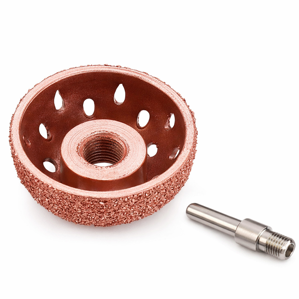 Metal grinding wheel with a threaded shaft on a white background