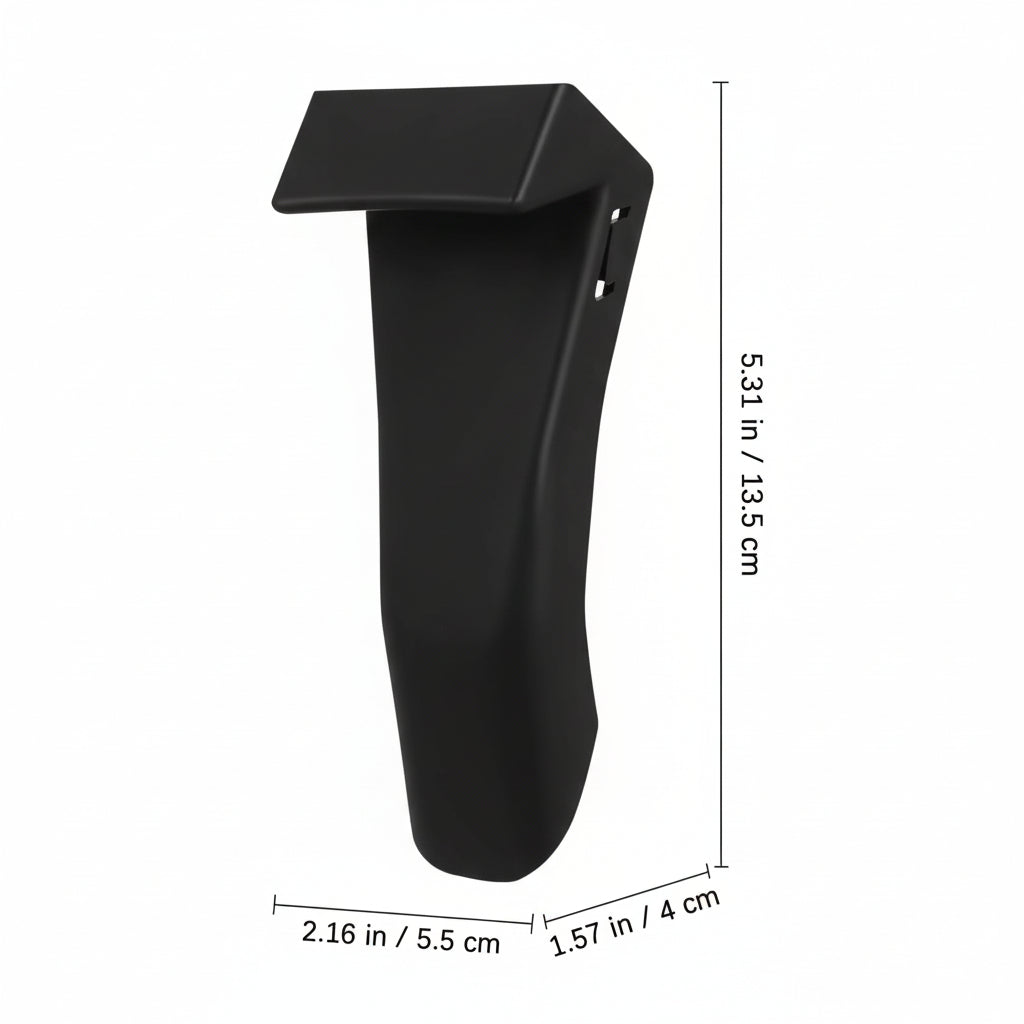 Black plastic component with dimensions indicated on a white background