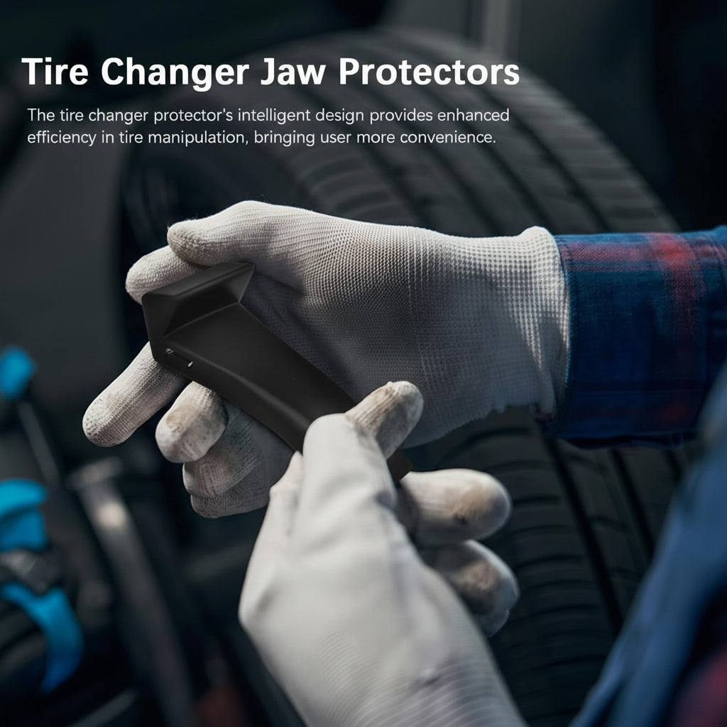 Person wearing gloves using a tire changer with text about tire changer jaw protectors.