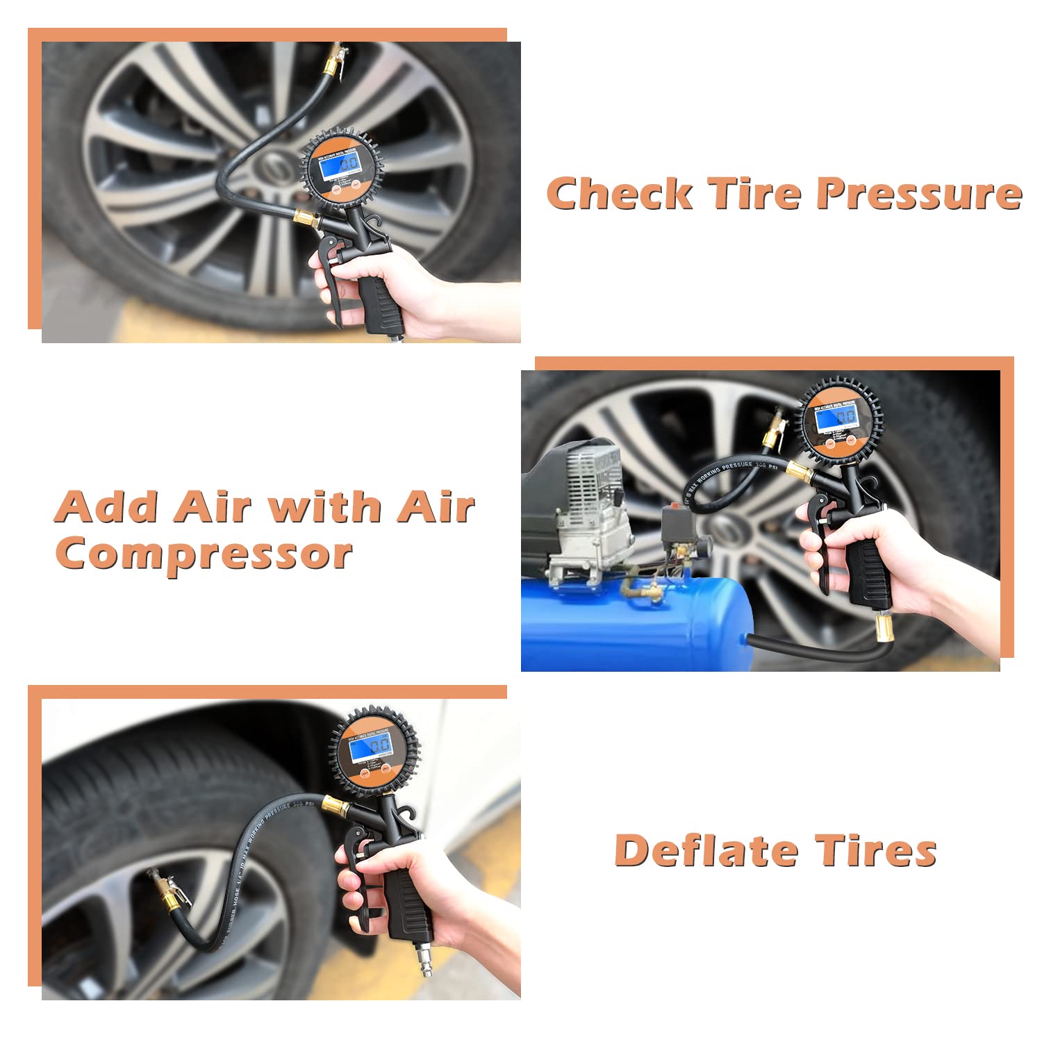 Digital Tire Inflator with Pressure Gauge - 250 PSI LCD Air Chuck