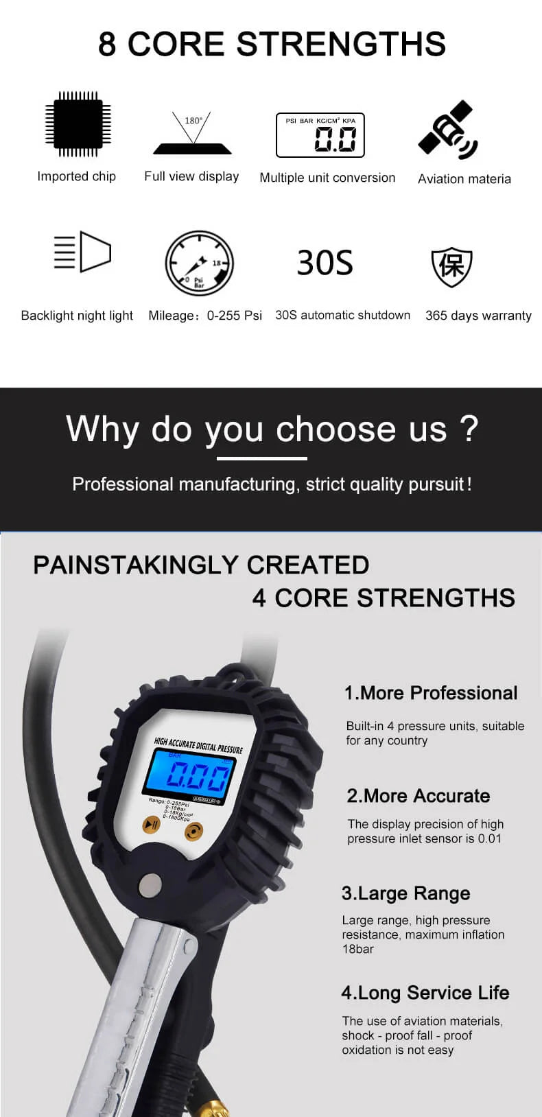 Digital Tire Inflator with Pressure Gauge - 255 PSI LCD Air Chuck