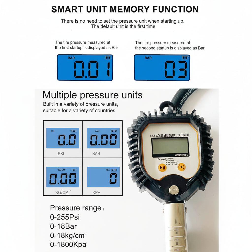 Digital Tire Inflator with Pressure Gauge - 255 PSI LCD Air Chuck