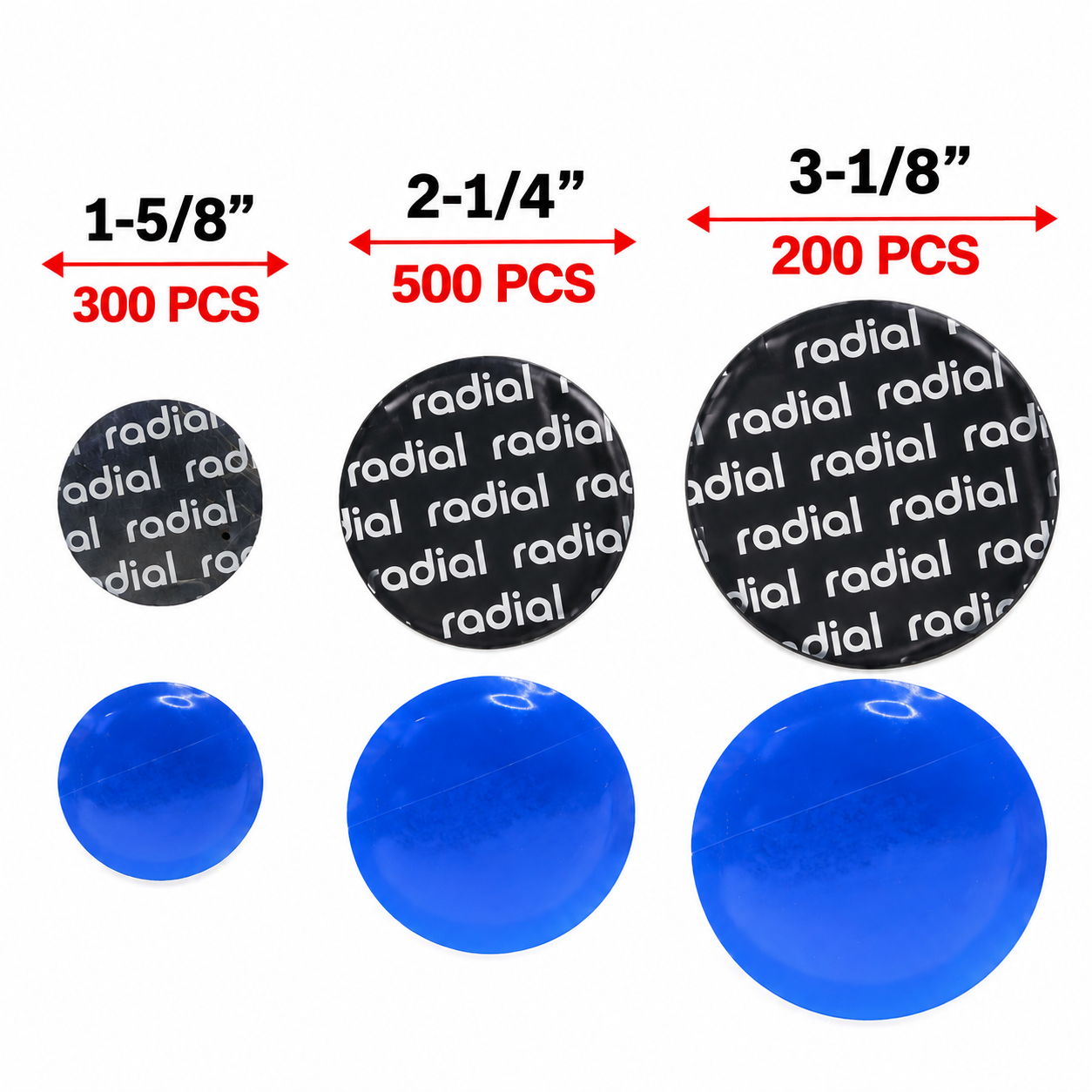 1,000 Mix Round Radial Tire Patch Bundle (300 Small 41mm, 500 Medium 57mm, 200 Large 80mm)