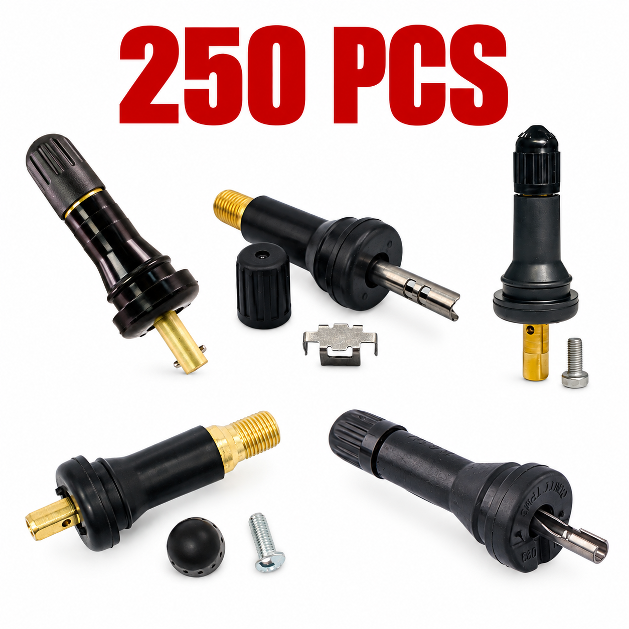 250 Mix Rubber TPMS Sensor Valve Stems - 50 pcs Each (20008, 20635, 20043, TPMS7, MX-TPMS)