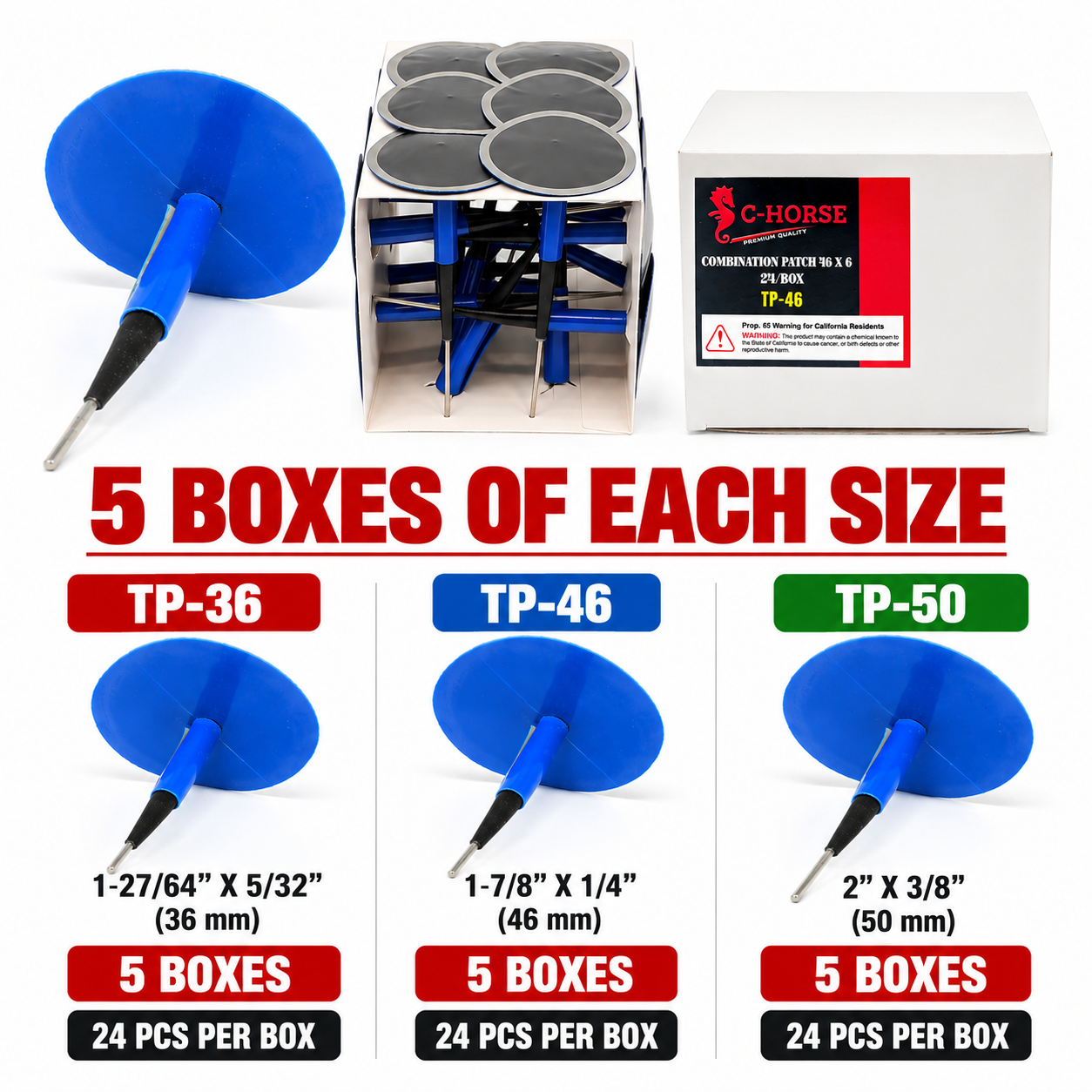 15 Box Combination Tire Repair Patch Bundle - Small, Medium & Large (5 Boxes of Each)
