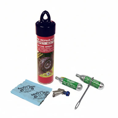 Tire repair kit with safety seal, CO2 canisters, and needle  