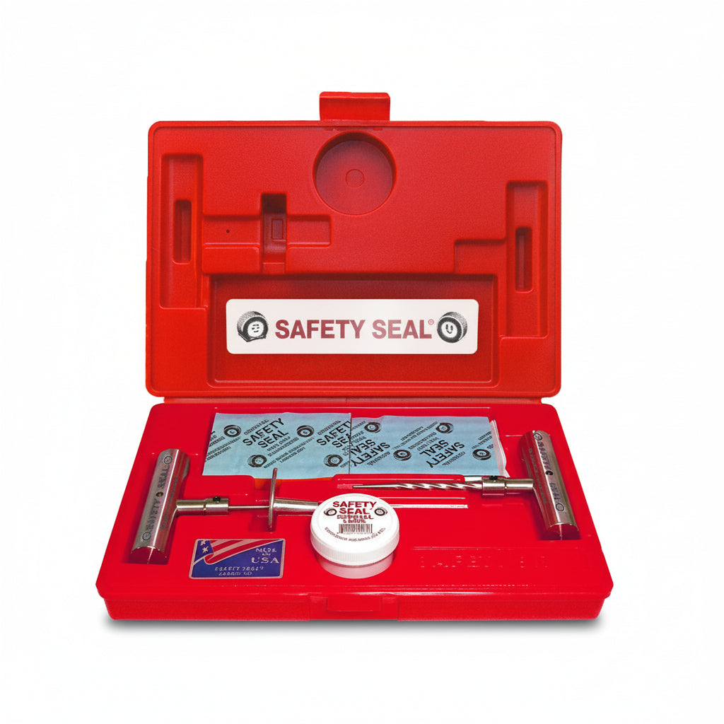 Red Safety Seal tool kit with various components on a white background