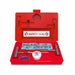 Red Safety Seal tool kit with various components on a white background