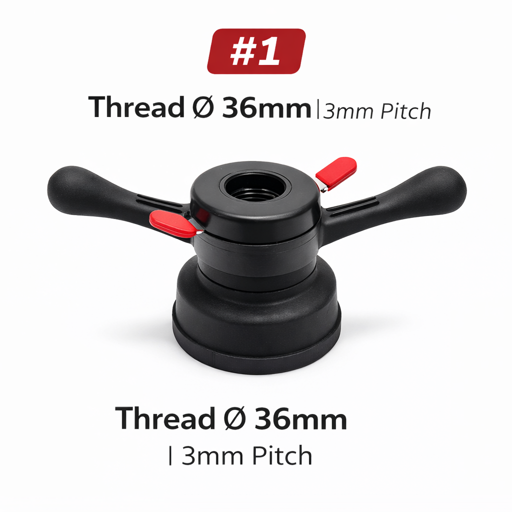 Black and red mechanical component with thread specifications on a white background