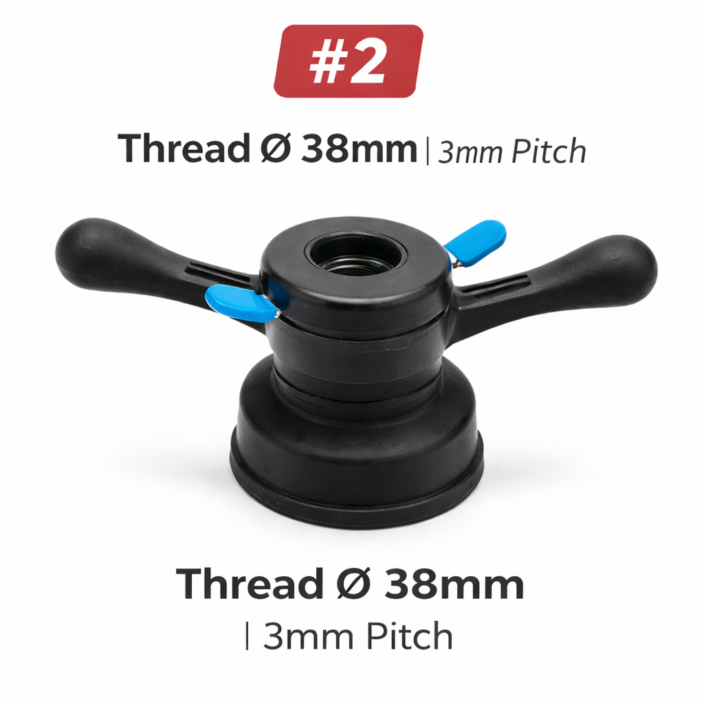 Black mechanical component with blue accents on a white background, labeled 'Thread Ø 38mm | 3mm Pitch'.