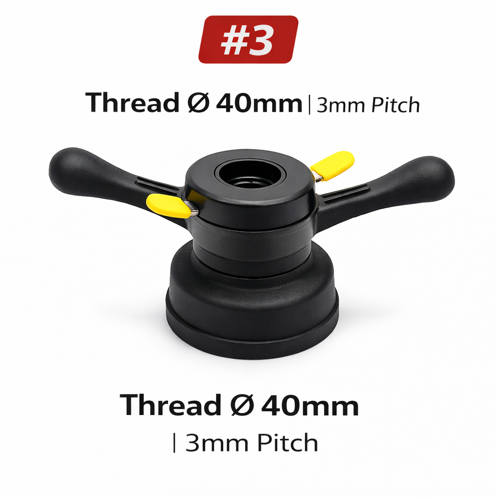 Black and yellow threading tool with specifications on a white background