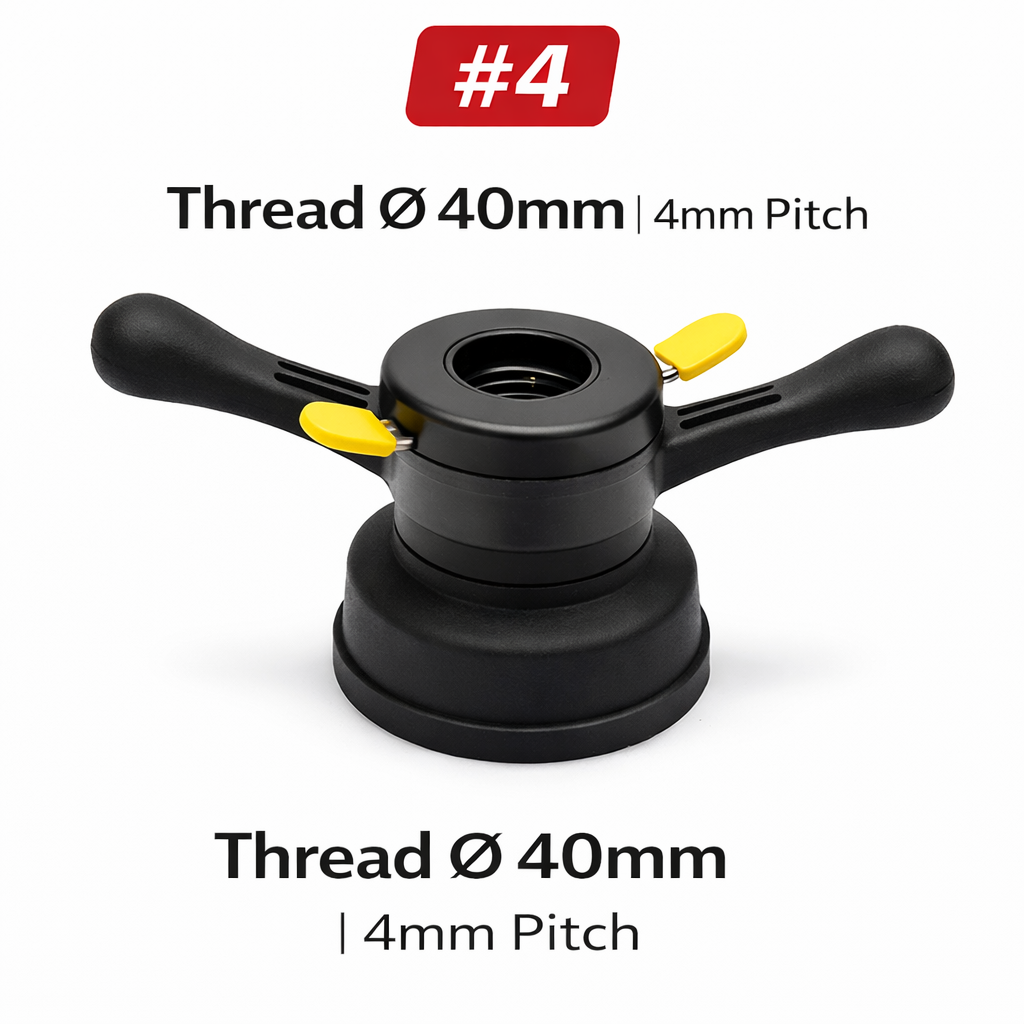Black and yellow threading tool with specifications on a white background