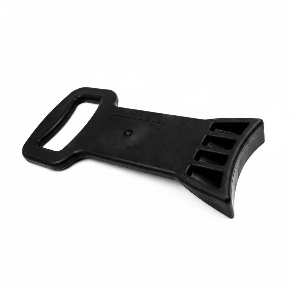 Black plastic car seat belt buckle on a white background