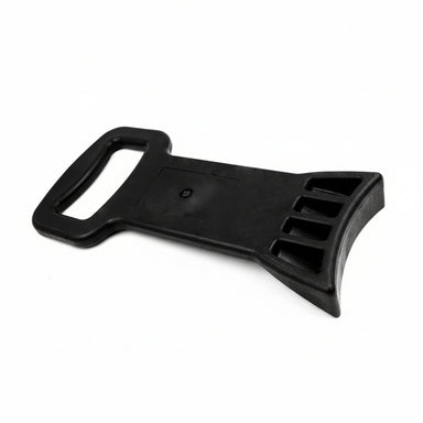 Black plastic car seat belt buckle on a white background